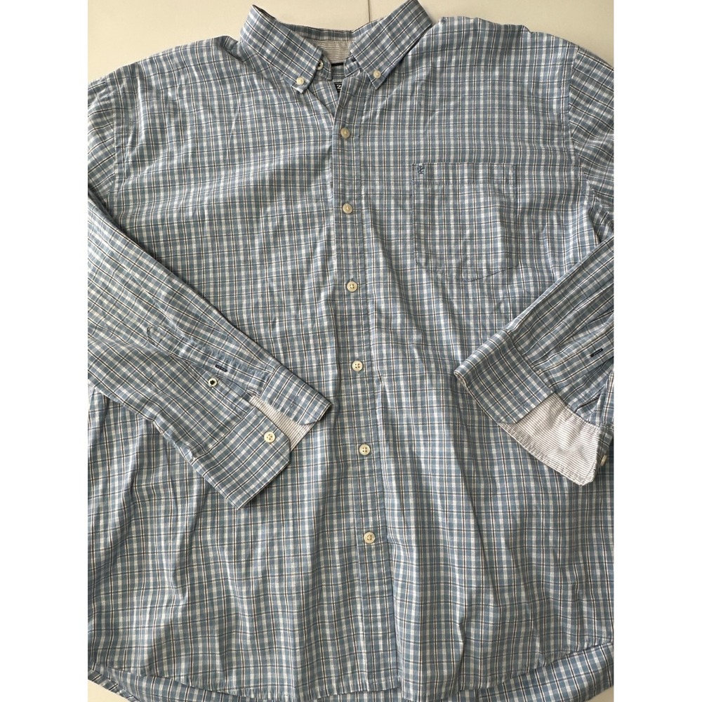 IZOD Mens XXL Blue Brown Plaid Long Sleeve Button Down Shirt Pocket Logo
